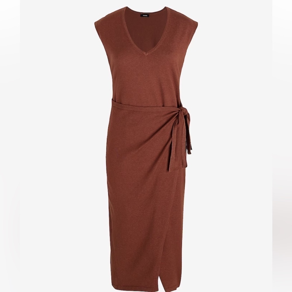 V-Neck Cap Sleeve Tie Waist Midi Sweater Dress - Picture 5 of 6